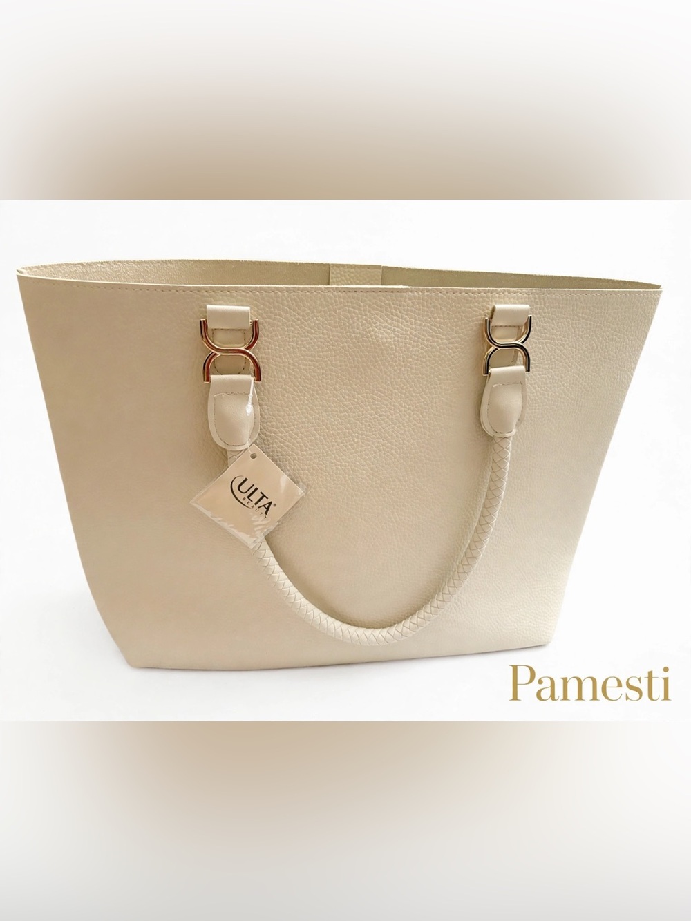 Ulta Beauty Cream Tote with Braided Handles & Gold Hardware